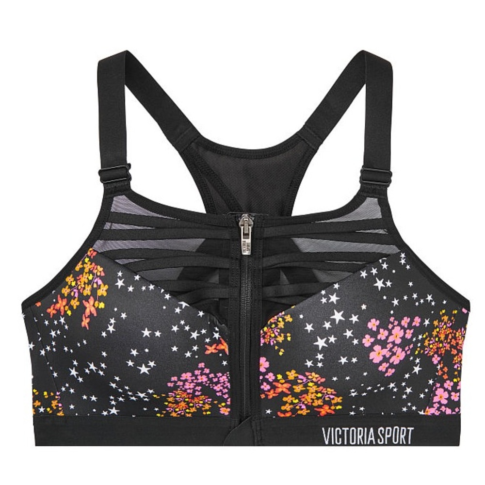 Victoria's Secret Black Floral Front-Zip Sports Bra